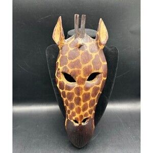 Vintage Giraffe Mask Hand Carved Wood Painted African Wall Decor Art Brown